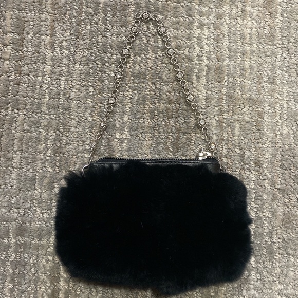 Vintage Lord & Taylor Black Rabbit Fur Mini Bag with Crystal Chain Strap - Picture 1 of 4